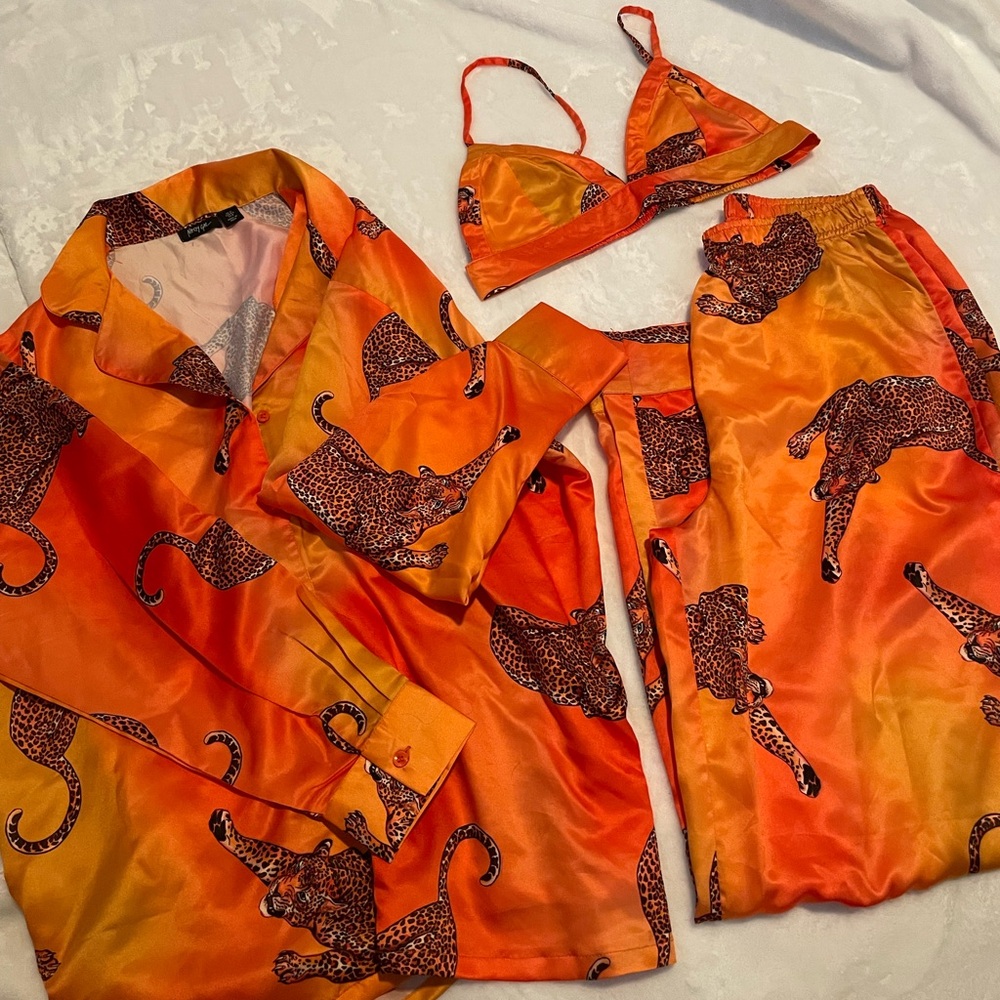 NastyGal Satin Leopard 3pc Shirt Bralette & Pants PJ Set